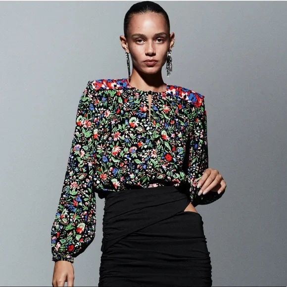 Blouse Zara Shoulder Pad Top ZARA Sky Blue Flowing Shirt With